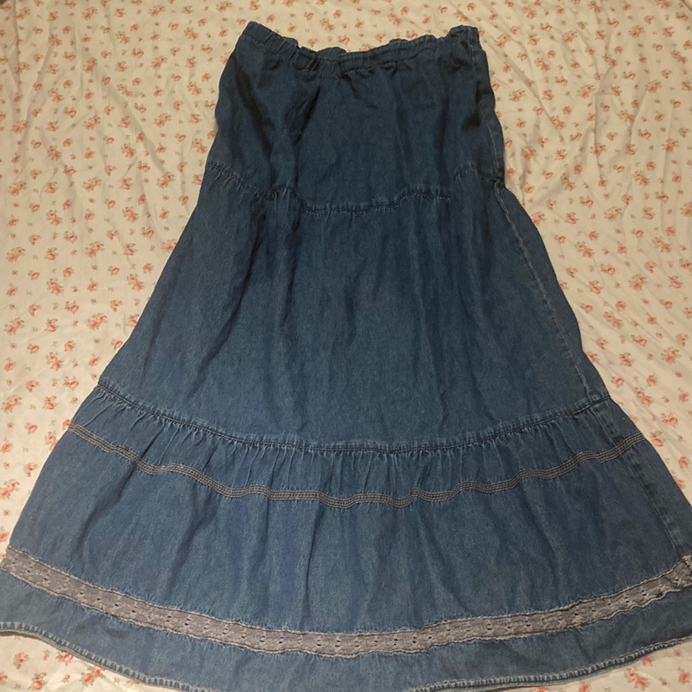 Vintage boho denim maxi skirt with crochet detail